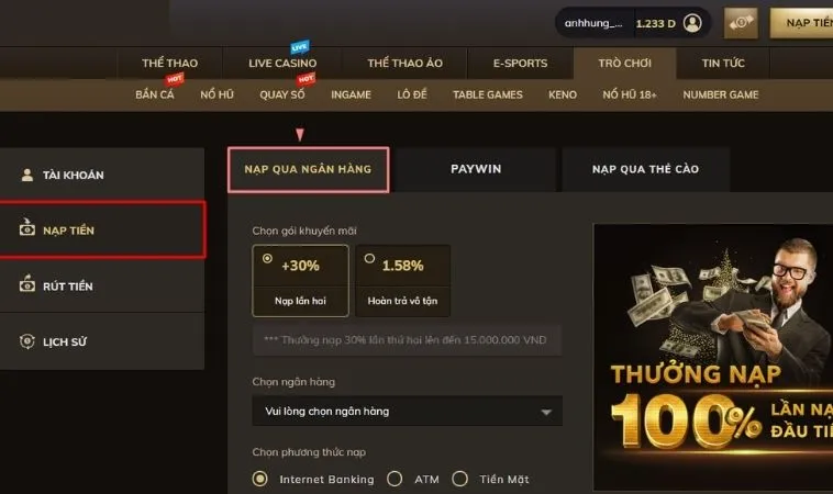 Nạp Tiền BET168VN: Bí Quyết Lên Vốn Thành Công Chỉ Trong 1 Nốt Nhạc 2 Giao diện Nạp Tiền BET168VN