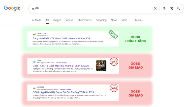 Đường dẫn nội bộ của Go88.com thật dẫn thẳng tới các trang chuẩn, còn link trên trang giả Go88.com có thể trỏ sang tên miền khác.